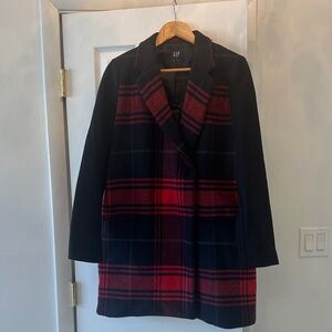 GAP Women's Plaid Pea Coat in Blue  and Red